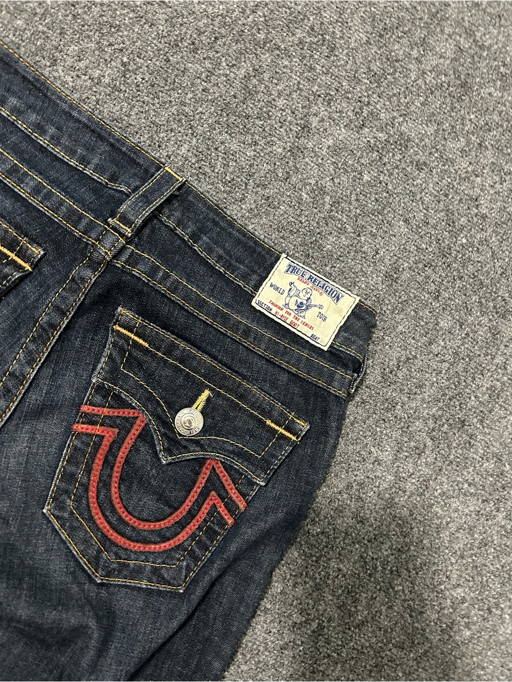 True Religion Women's 28 Dark Blue Bootcut Jeans with Red Pocket Stitching